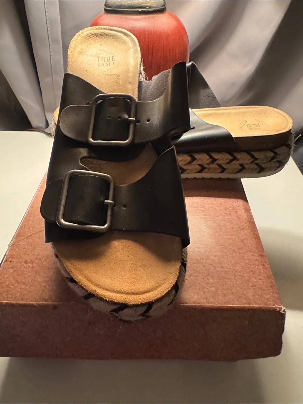 True Craft Black Double Buckle Slide Sandals with Braided Espadrille Sole